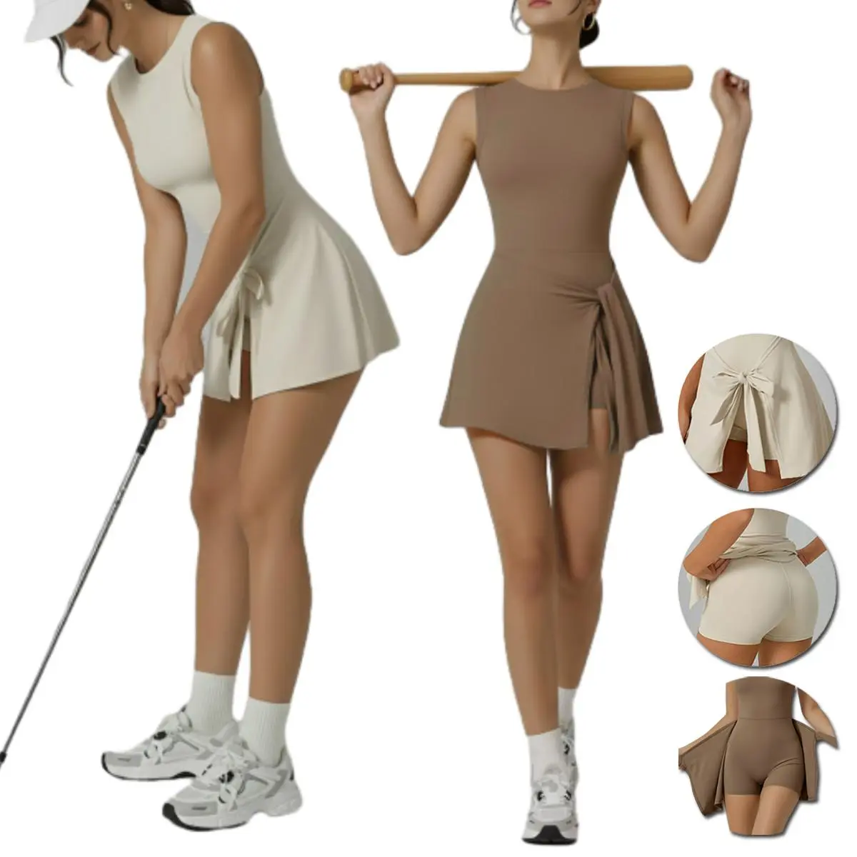 Women's Fitted Athletic Tennis Dress - Quick Dry Nylon Blend Sleeveless Tank Top-Skirt with Ruffle Side Slit, Tie Front, Built-in Shorts for Tennis, Running, Hiking, Multisport Lifestyle; Modern Sports Dresses
