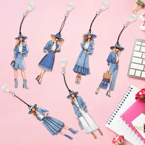 6Pcs Trendy Denim Style Girl Diamond Painting Bookmarks - DIY Craft Kit, Ideal Gift for Fashion Lovers & Readers