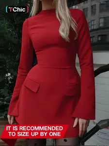 Women's Plain Split Flounce Sleeve Flap Detail A Line Dress, Elegant Chic Long Sleeve Stand Collar Short Dress for Party Holiday Wedding Guest, Ladies Spring & Fall Clothes, Fit