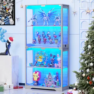 BROTTAR Display Cabinet with Glass Doors, Storage Cabinet with 3 Color Light, 4-Tier Curio Cabinet&Bookcase for Collectibles, Toys, Books, for Playroom, Bedroom, Study Room, Gray