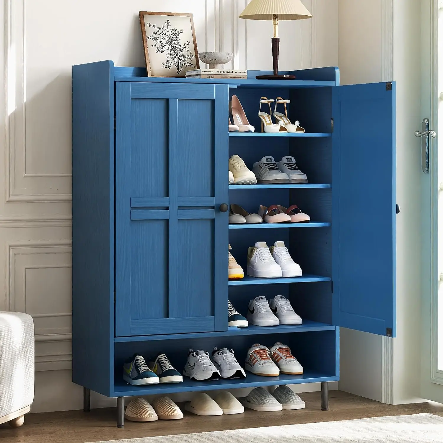 【Up to 24 Pairs & Adjustable Shelves】ONBRILL 7+1 Tier Farmhouse Shoe Storage Cabinet, 45'' Tall Modern Shoe Cabinet with Metal Legs, Shoes Rack Organizer Cabinet for Entryway, Front Door,Livingroom Bedroom Furniture,Christmas Gift【BackToSchool】