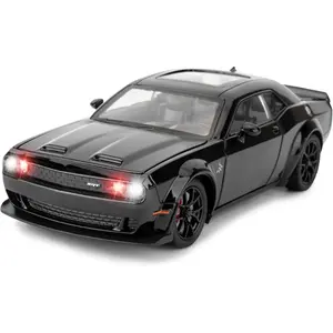 1/24 Dodge Challenger Hellcat Model Car, Zinc Alloy Pull-Back Toy Car with Sound and Lights, Suitable for Children Boys and Girls Gift (Black)