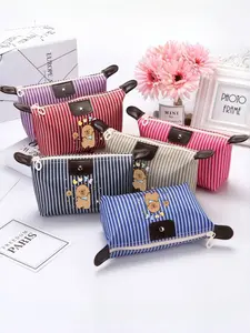 Viral Capybara Makeup Bag, Cute Striped Canvas Cosmetic Pouch, Portable Travel Toiletry Bag for Women, Kawaii Capybara Gift