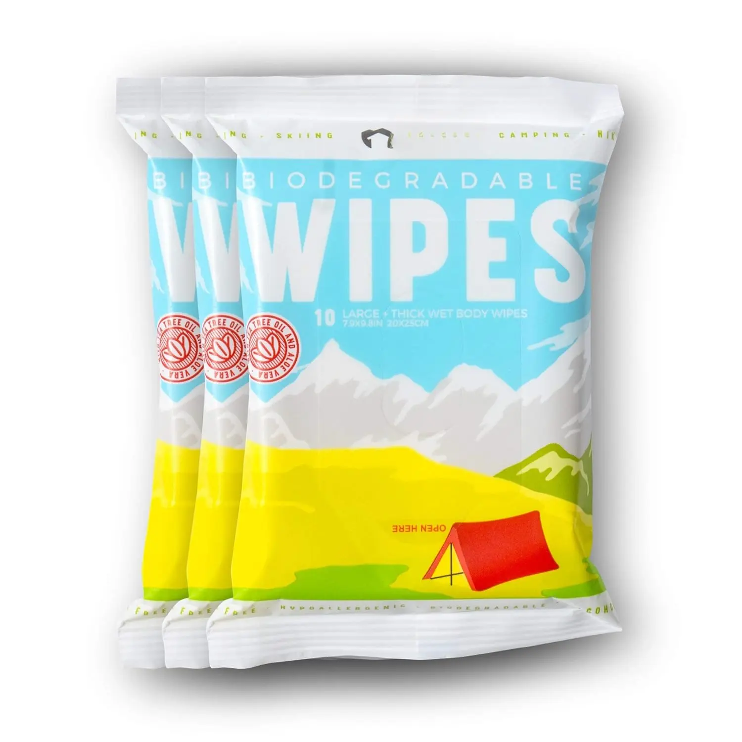 Biodegradable  Wipes with  Tree Oil & Aloe Vera - Refreshing Shower Wipes  for Camping, Hiking,  Workout and Travel (3-Pack, 10 Wipes/Pack)