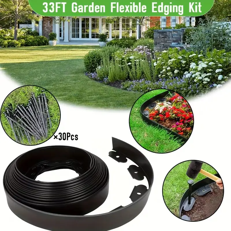 Landscape Edging Border, Black PE Plastic Garden Edging Strip 33 ft Long X 2 Inches High with Stakes for Lawn Pathway Garden Borders Durable Elegant Landscape Edginggarden Edging for Stones