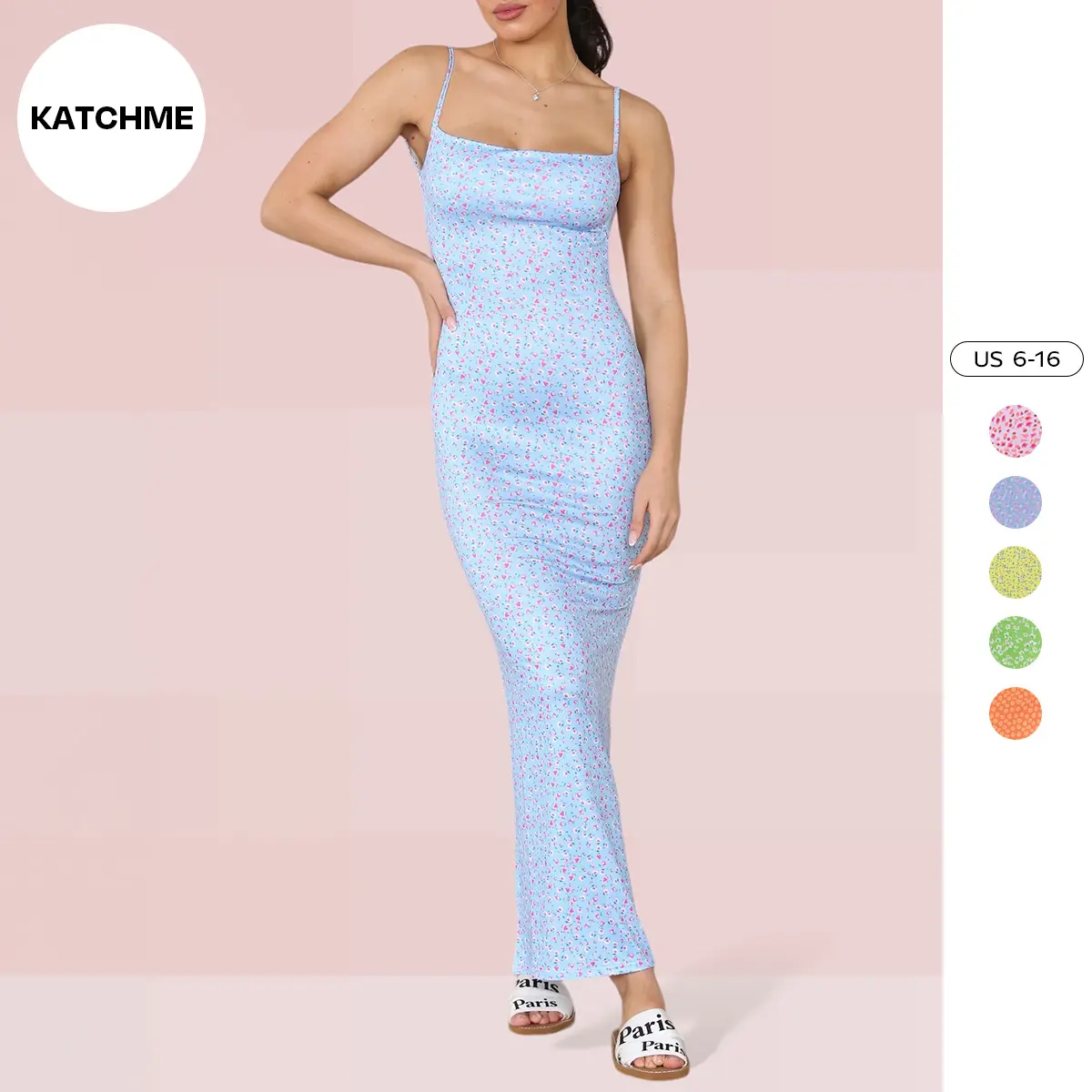KatchMe Women's Sweet Floral Print Low Back Thin Straps Slinky Dress,Slim-Fitting Sleeveless Womenswear,Backless Ladies Spaghetti Straps Maxi Dresses