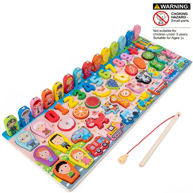 Montessori Multifunctional Number Learning Board, Early Education Shape Recognition Puzzle, Building Blocks Fishing Toy for Kids, Wooden Shape Sorter