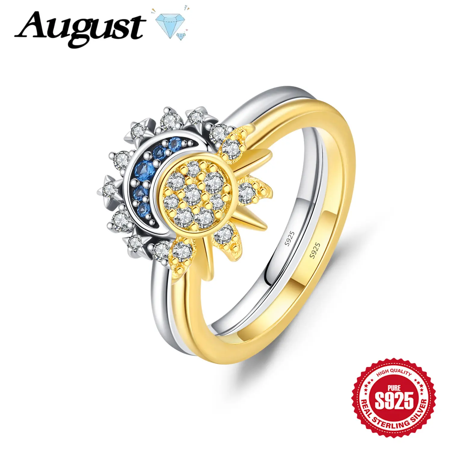 S925 Sterling Silver Sun and Moon Couples Ring, Elegant Stackable Band with Star Design and Cubic Zirconia for Daily Wear, Sun And Moon Design, Unique Rings, Unisex, Adults, Hypoallergenic, Silver Moon
