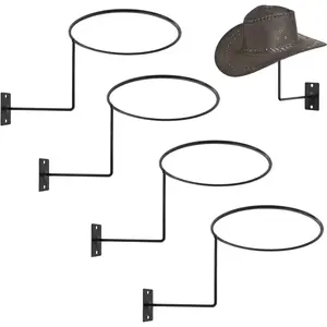 Pack of 4 Metal Hat Holder Wall Mounted Cowboy Hat Rack Hat Hanger for Wall Display, Cowboy Hat Holder Organizer Multifunctional Organizer Display Rack for Cowboy Hat, Cap, Wigs (Black)