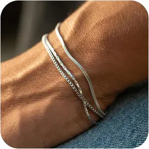 FREEKISS Mens Bracelet Set Layered Stack Bracelet Tiny Herringbone Box Chain Bracelets Men Gifts For Boyfriend Dad 6.5/7/7.5/8/8.5/9 Inches