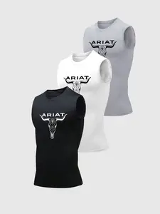 3 Piece Sports Tank Tops Set, Fitness Training & Daily Wear, Fitness Workout Vest, Bull Head Letter Print, Quick Dry Breathable Elastic Fabric, Unisex