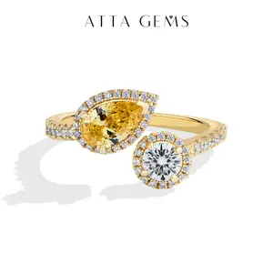 ATTAGEMS 1CT Pear Cut Yellow Zircon & 4.5mm Round Cut Lab-Grown Moissanite Ring for Women 925 Sterling Silver Adjustable Design Party Anniversary Holiday Gift R344
