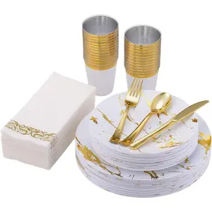 175 Count White and Gold Marbling Plastic Plates Sets, Disposable Dinnerware Sets for Party