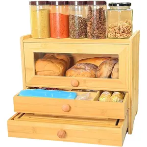 Bread Box for Kitchen Countertop & Dining Room,Wooden Storage with Display Compartment & Built-in Bread Slicer, Organizer for Homemakers, Bakers & Bread Lovers