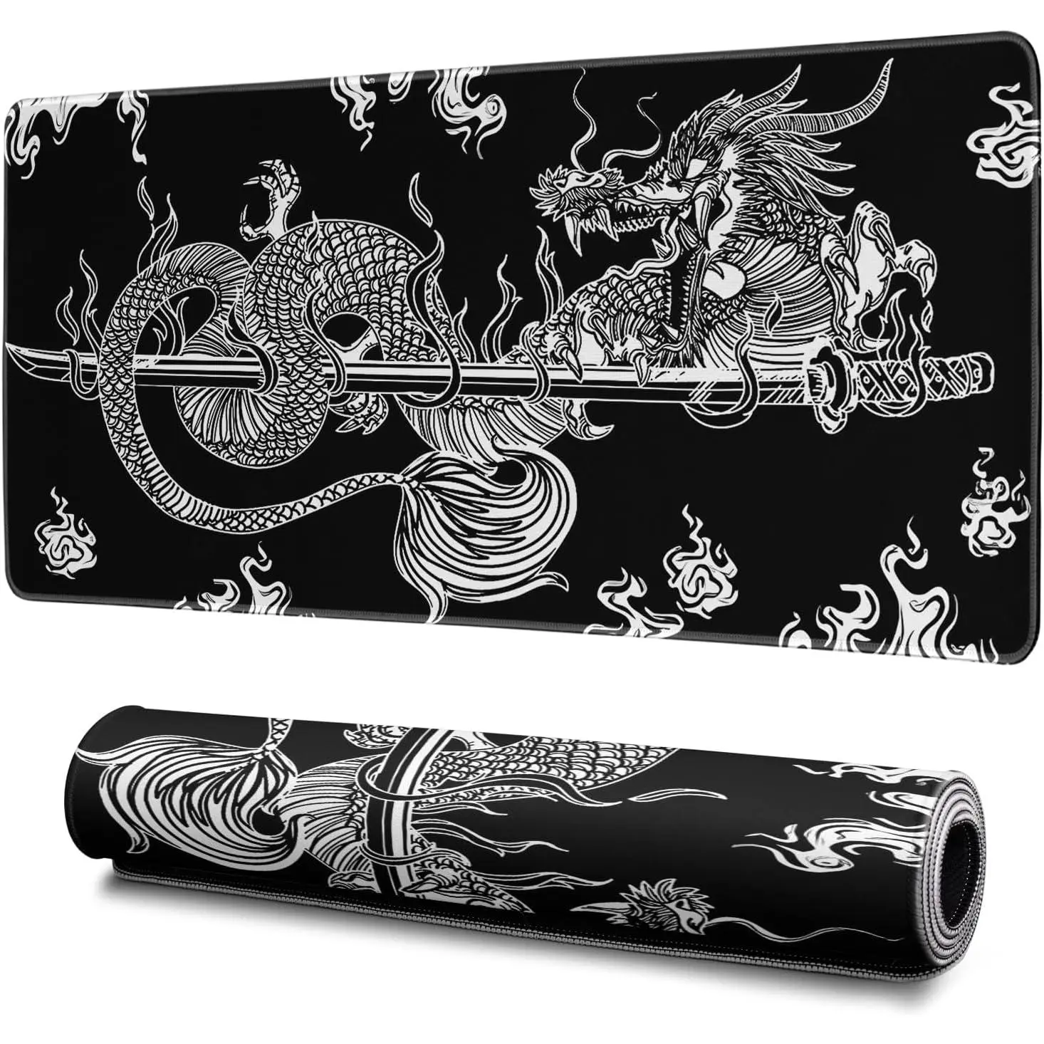 Dragon Gaming Mouse Pad Black Large Mouse Pad for Keyboard and Mousepad Desk Mat with 3mm Non-Slip Base and Stitched Edge for Gaming and Office Computer Mat Protector Mat 24x14Inch