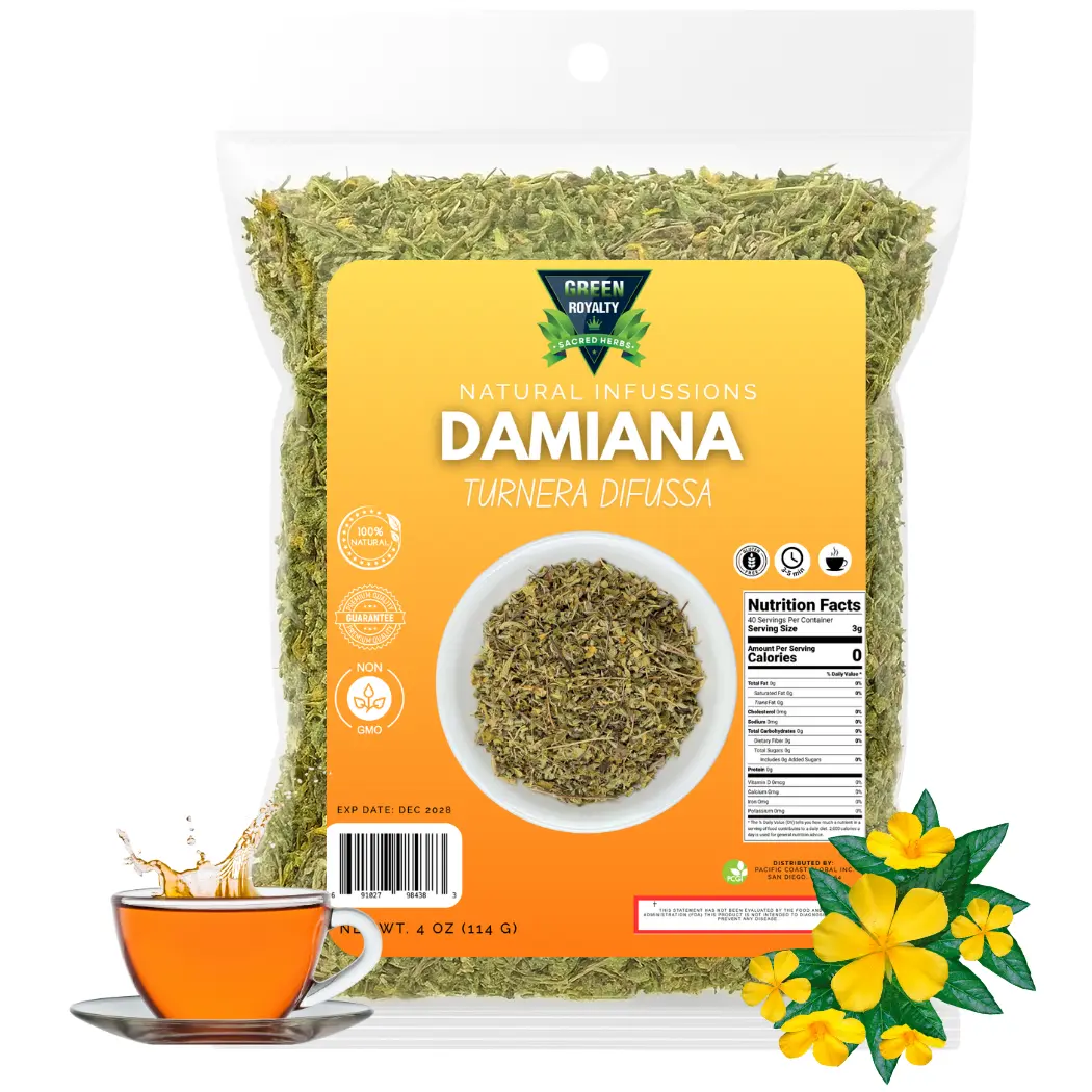 Green Royalty Natural Damiana Loose Leaf Herbal Tea - 4oz Caffeine-Free California Herb Beverage, Turnera Difussa Supplements, Stress Calm & Anxiety Support