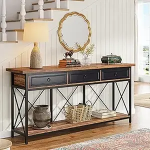 Tribesigns Farmhouse Console Table with 3 Drawers and Storage Shelf, White/Brown - Traditional and Modern Design with Ample Storage Space