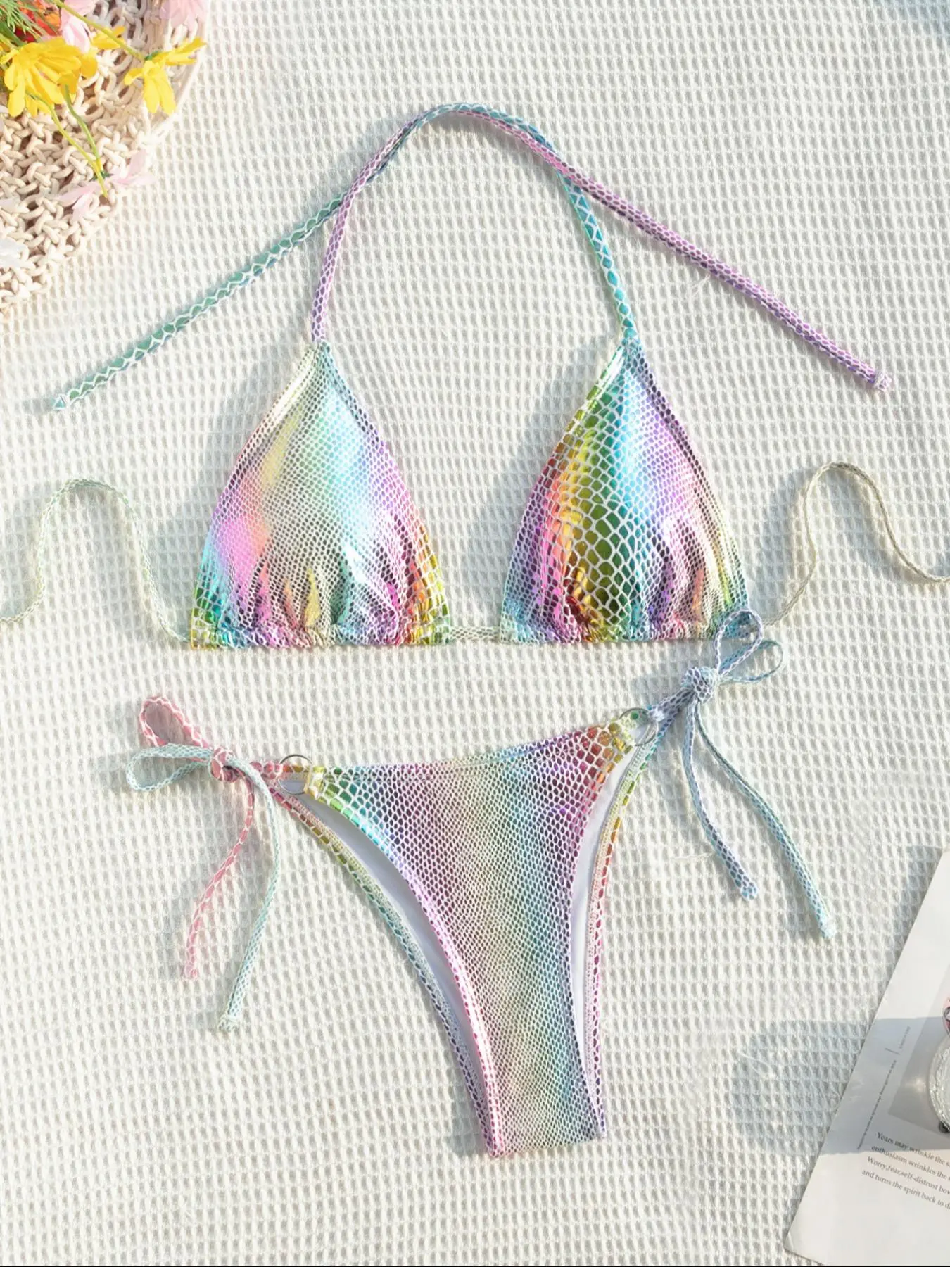 Women's Ombre Print Halter Neck Bikini Set, Casual Padded Triangle Swim Bra & Tie Side Swim Panty, Ladies Summer Swimwear for Beach Holiday Vacation, Halter Bikini Swimsuit, Halter Bikinis Set, Halter Bikini Top, Stretchy Swimwear, Beachwear Swimsuit