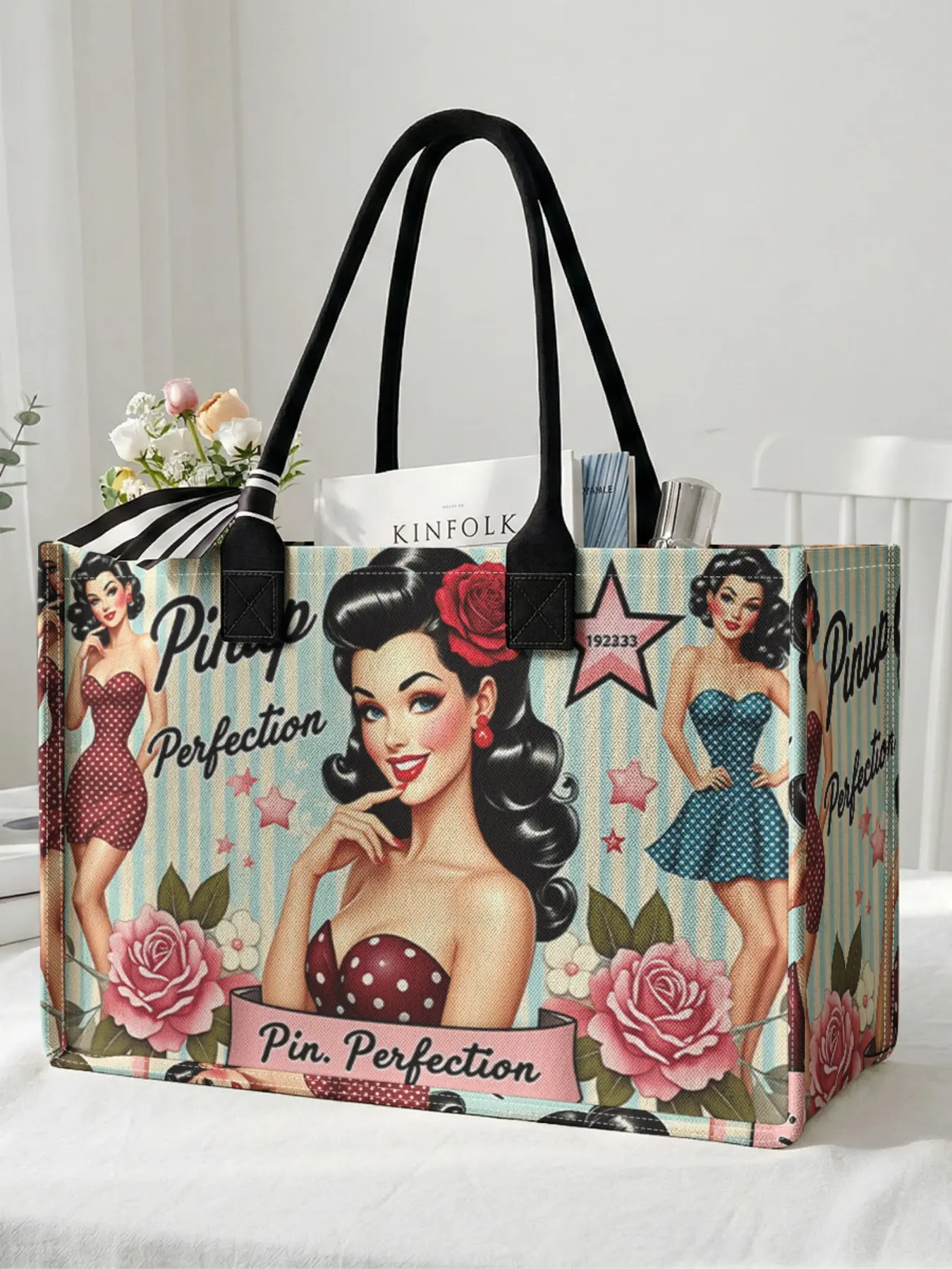 1 piece of retro lady 'Pinup Perfection' 2D printed large capacity storage bag, Casual Tote Bag, Versatile Tote Bag, sturdy handle, space-saving multi-purpose, suitable for use at school, on business trips, and shopping