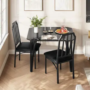 Dining Table Set for 2/4, Glass Top  Kitchen Table and Chairs , 3/5 Piece Dining Room Table Set with Upholstered Chairs & Chamfer Design, for Kitchen Room, Home, Apartment