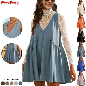 Woodberry Women's V-Neck Sleeveless Mini Dress - Minimalist Basic Lady's Piece, Casual Comfy Chic Loose Pleated Flowy Beach Sun Tank Dress with Pockets, Mesh Top Layerable Womenswear,summervibes Vneck summerwins