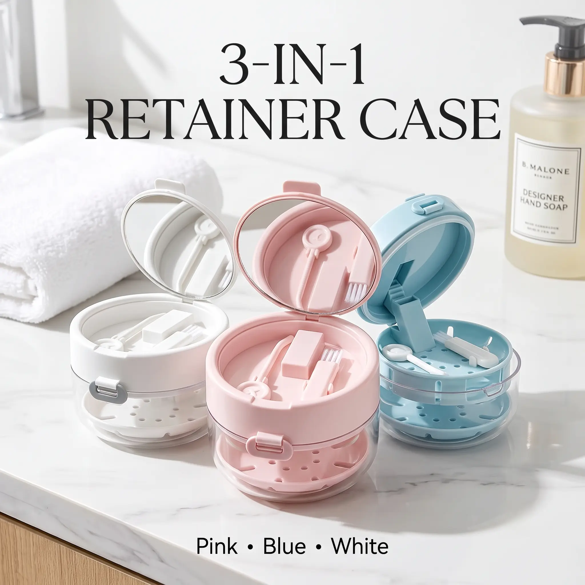 Retainer Case for Women Teen Girls, 3-in-1 Denture Bath Box with Leak Proof | Large Capacity Denture Bath Case with Mirror Cleaning Brush and Removal Tool for Orthodontic and Denture Users