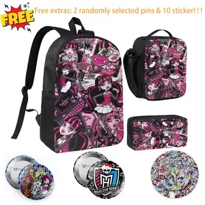 3pcs Monster High Doll Print School Backpack Set Unisex, Lightweight Laptop Rucksack with Insulated Lunch Tote & Pencil Pouch, Spacious Student Bookbag for Middle High School, Perfect Birthday Present for Sisters, Besties & Family Members