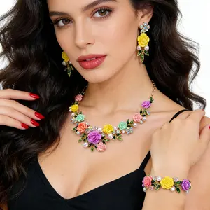 Gilded Grace Statement Floral Necklace Earrings Bracelet Set, Vintage Rose Pearl Jewelry Set for Women, Wedding Bridal Party Gift