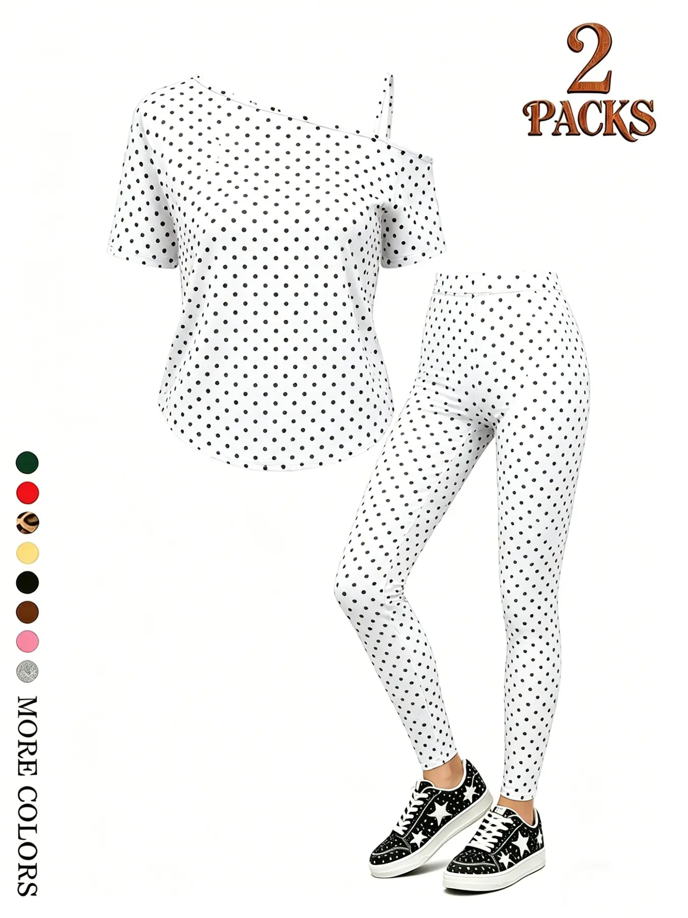 Teen Return-To-School Two-Piece Set, Asymmetrical Shoulder Short Sleeve T-Shirt, Polka Dot Tight Long Pants, Preppy Style, Multiple Colors