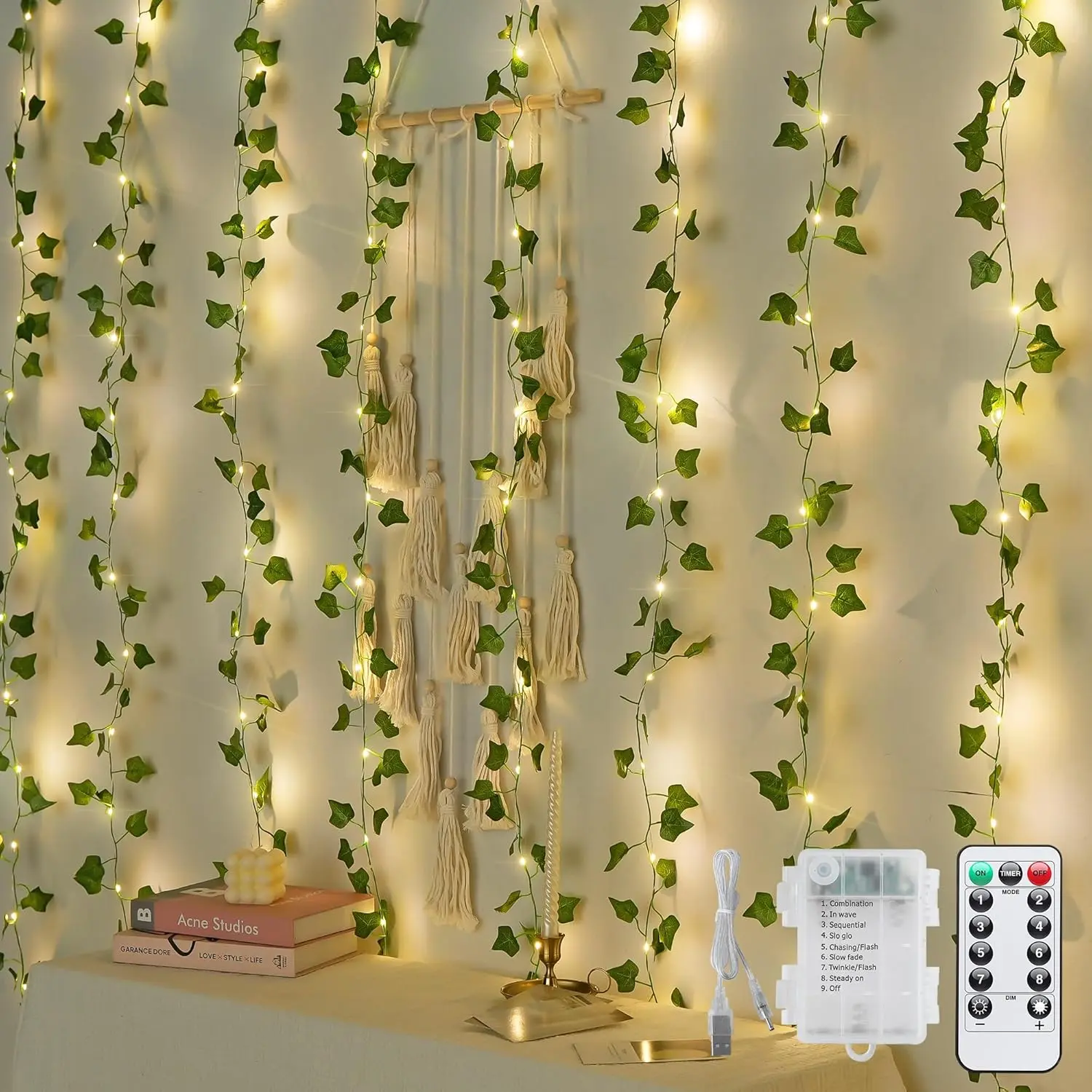 JMEXSUSS 200 LED Ivy Vine Lights, Fairy Curtain Lights USB & Battery Operated with Remote, 6.5x6.5ft Vines with Fairy String Lights for Bedroom, Dorm, Classroom, Wedding, Indoor, Outdoor Decor