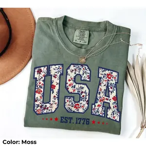 Floral USA Comfort Colors T-Shirt - American Girl Shirt, USA Est 1776 Shirt, USA 250 Anniversary Shirt, Girly 4th of July Shirt, Independence Day Tee, USA Flag 4th of July Gift, Celebrate Our 250th Anniversary Tee, Patriotic Women Shirt, Flower USA Shirt