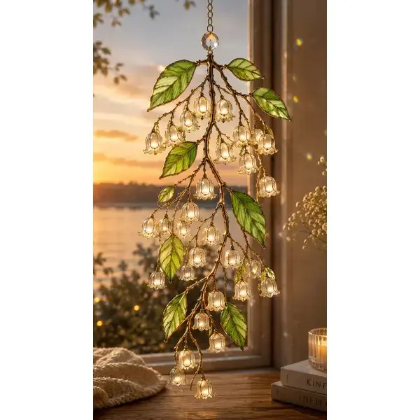 Cottagecore Lily of the Valley Hanging Suncatcher Night Light Lamp, Aesthetic Fairycore Stained Glass Warm Gold Branch Chandelier, Cozy Window Hanging Decor Gift
