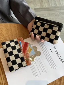 High-End Chessboard Pattern Three-Zipper Coin Purse, Women's Multi-Functional Leather Wallet, Short Key Bag, Small Storage Pouch, Three Zippered Compartments, Plaid Pattern Wallet