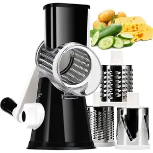 Rotary Cheese Grater Hand Crank Black - Shredder Slicer  3 Stainless Steel ,  Suction, Labor-Saving Handle, Safe Kitchen Tool for Cheese, Vegetable, Nuts,