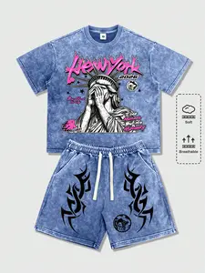 Lightweight vintage casual athletic set for men featuring a Statue of Liberty print; hip-hop Y2K style with a washed distressed look, loose fit, versatile design. Short-sleeve T-shirt and shorts set suitable for running, golf, fishing, basketball, camping