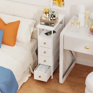 Narrow Nightstand with Charging Station - Slim Dresser for Bedroom Narrow Side Table Storage Cabinet, Small Dressers Chest of Drawers, Tall Night Stand End Table for Small Spaces, White