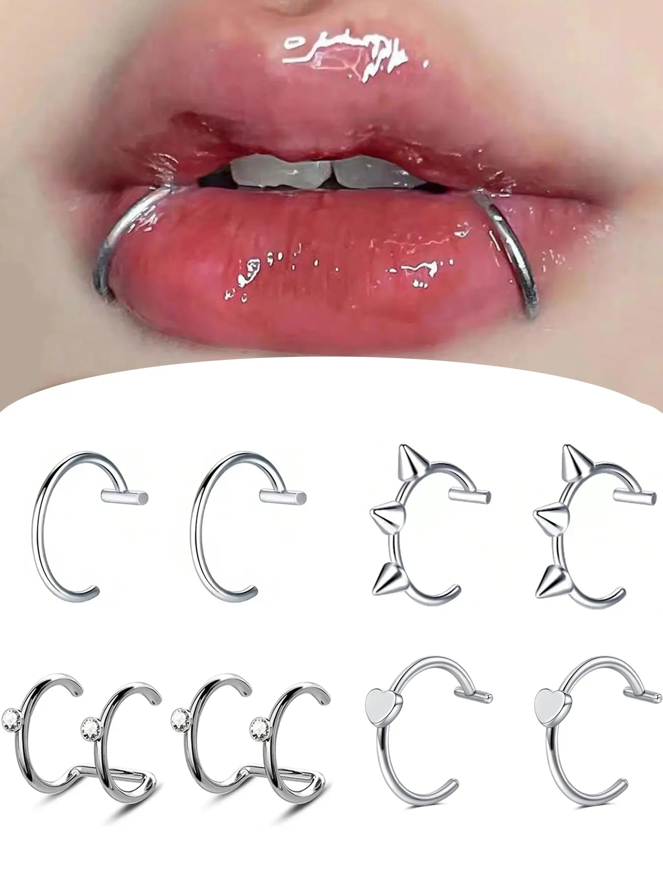 Gothic Style Stainless Steel Fake Lip Ring, Lip Piercings, Heart & Cubic Zirconia Design, Unisex Jewelry Set, Body Piercing Jewelry, Cosplay & Party Accessories, All Seasons