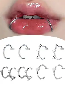 Gothic Style Stainless Steel Fake Lip Ring, Heart & Cubic Zirconia Design, Unisex Jewelry Set, Body Piercing Jewelry, Cosplay & Party Accessories, All Seasons
