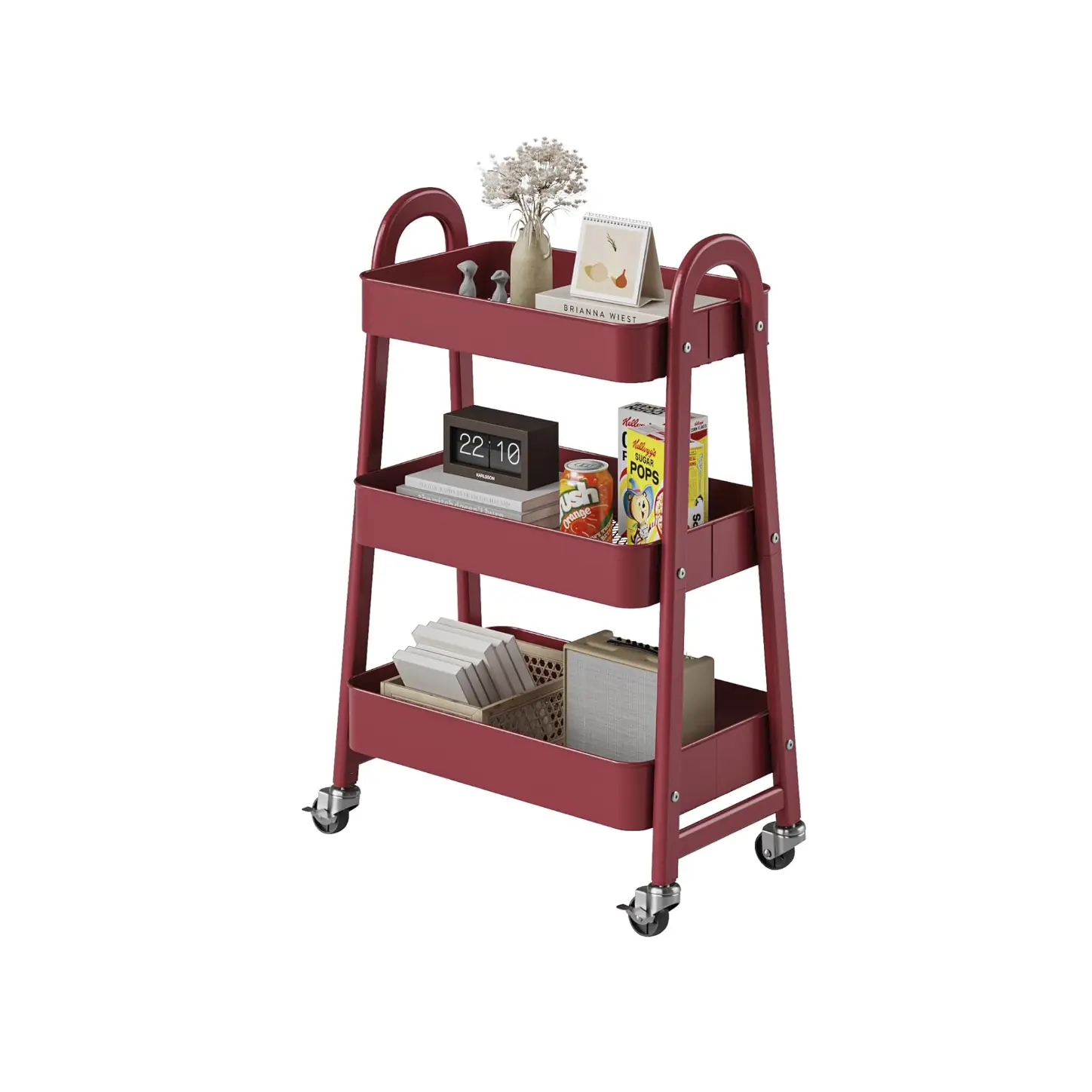 3-Tier Metal Rolling Utility Cart with Lockable Wheels, Mobile Storage Organizer for Kitchen Office Bathroom Laundry, Narrow Space Solution,Black,Red,Blue