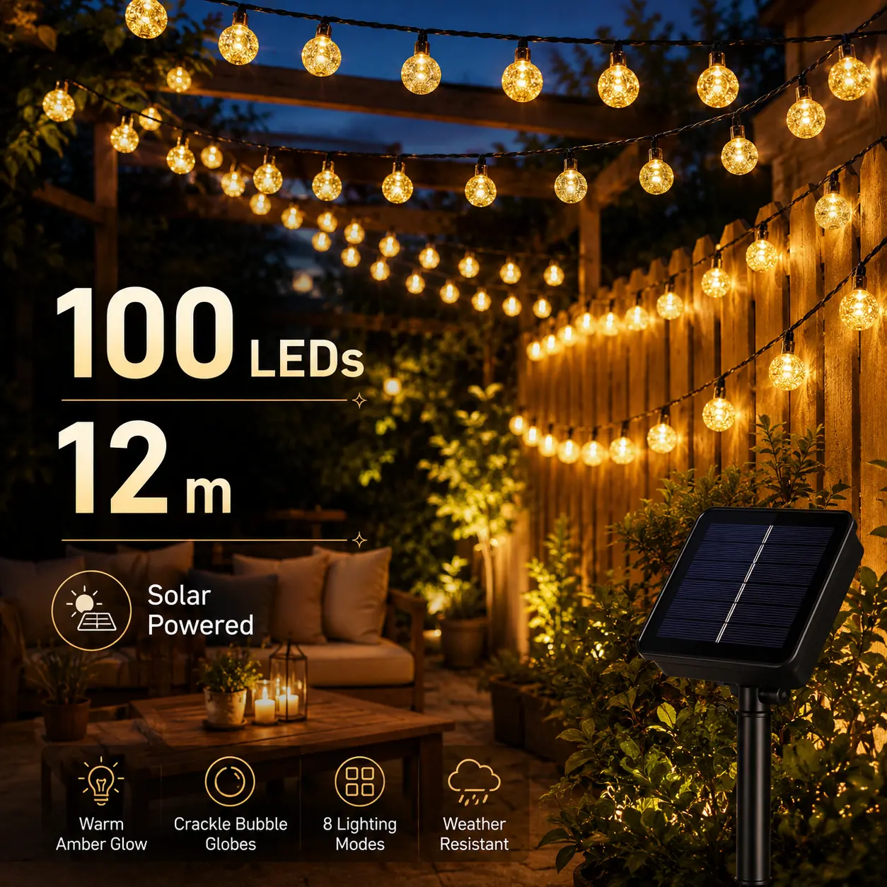 Solar Outdoor Lights Crackle Glass String Set, 12m 100 LED Solar-Powered Warm Amber Fairy Lights, 8 Lighting Modes, IP Waterproof, Auto On/Off, for Garden Wedding Holiday Decor (Pergola, Patio, Fence, Backyard Hanging Lamp)