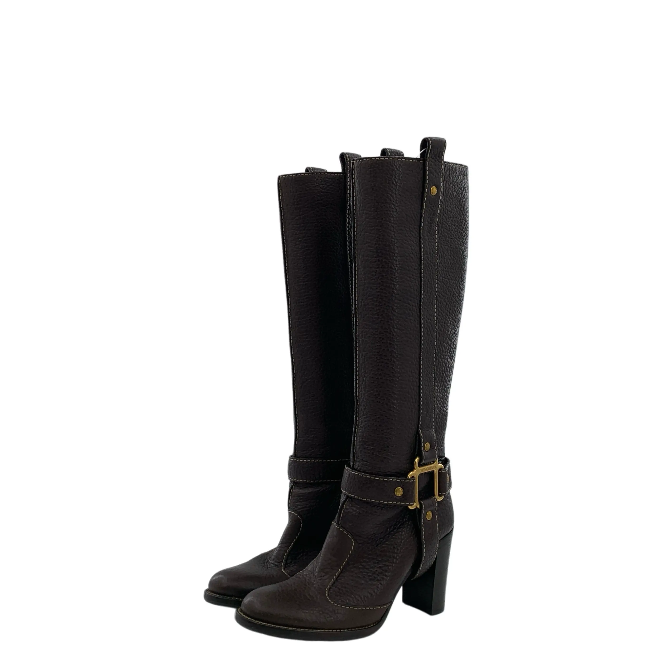 RDLT-Dolce & Gabbana Size 36.5 Reddish Brown Block-Heel Knee-High Boots With Buckle Design-H37498