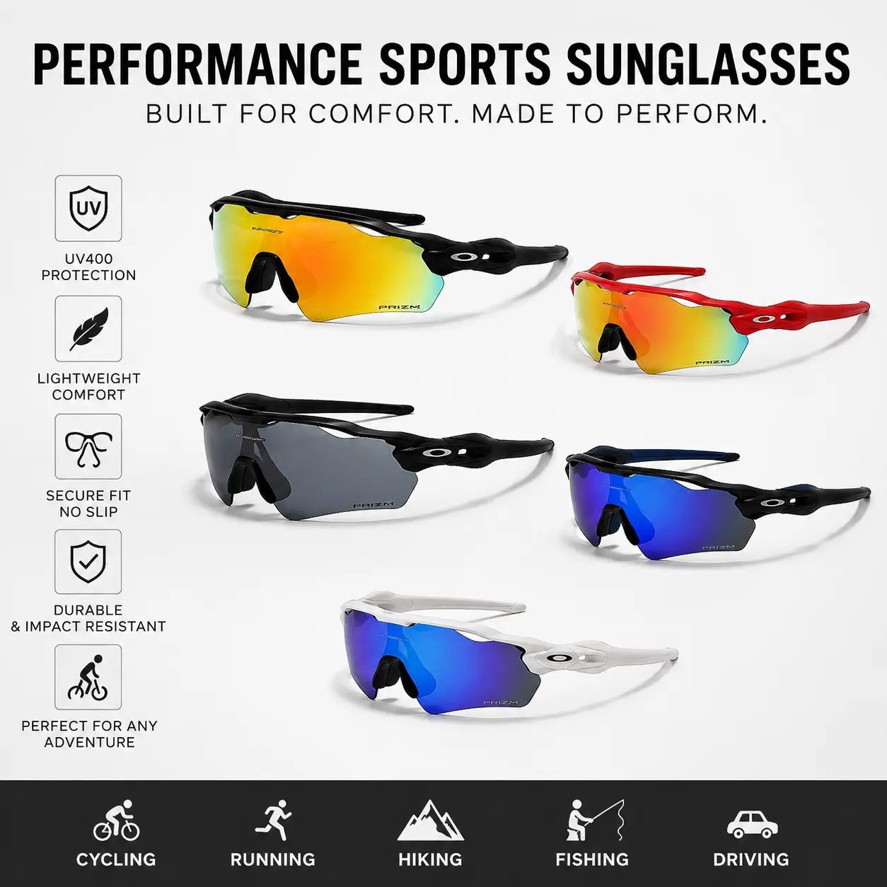Performance Sports Sunglasses with UV400 Protection, Lightweight Wraparound Design for Cycling, Running, Fishing, Hiking and Daily Outdoor Wear