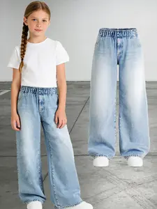 Girls' Elastic Waist Loose Jeans, Vintage Distressed Wide Leg Long Pants, Casual Straight Leg Trousers for Daily Wear, Ages 4-12