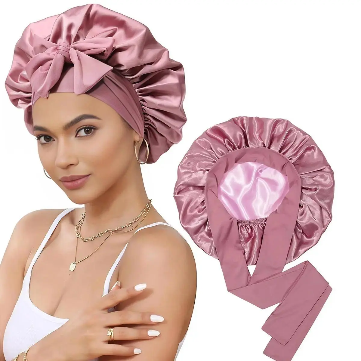 Women's Silk Hair Styling Cap - Large Double-Layer Satin Haircare Accessory with Adjustable Elastic Ties, Smooth, Frizz-Free for Curly & Long Hair, Lace-On Sleep Cap, Bonnet, Adjustable Straps