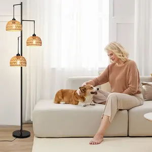 SERBASIC Bohemian Rattan & Iron Floor Lamp - 6W 3-Bulb LED Standing Lamp with Handwoven Shade, Industrial Black Farmhouse Tall Light for Indoor Home Lighting, Customizable LED Lights for Living Room, Bedroom