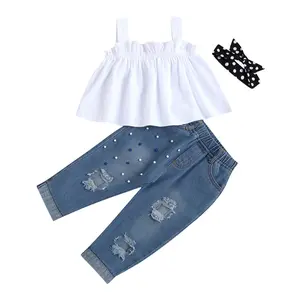 Toddler Girls Trendy Sleeveless Denim Pants 2Pcs Set Suspender Short Top + Long Jeans Summer Outfits
