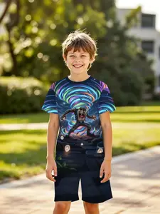 Boys' 3D Short Sleeve Set, Tasmanian Devil Rainbow Swirl Print, Casual Two-Piece, Perfect for Outdoor, Holiday Gifts, Birthday Presents