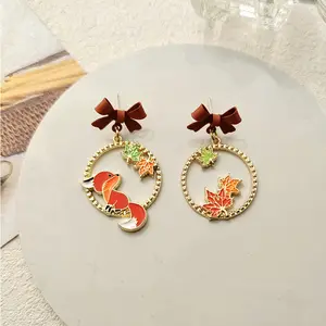 Korean Cute Animal Fox Maple Leaf Stud Earrings For Women Bowknot Flower Rabbit Kitten Astronaut Asymmetric Earring Jewelry Gift