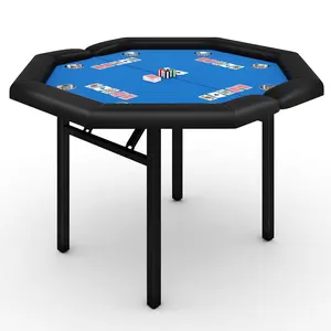 Garvee 48" Foldable Poker Table for 8 Players with Padded Rails, Stainless Steel Cup Holders, and Folding Metal Legs - Octagon Card Game Table in Blue for Family Casino Fun