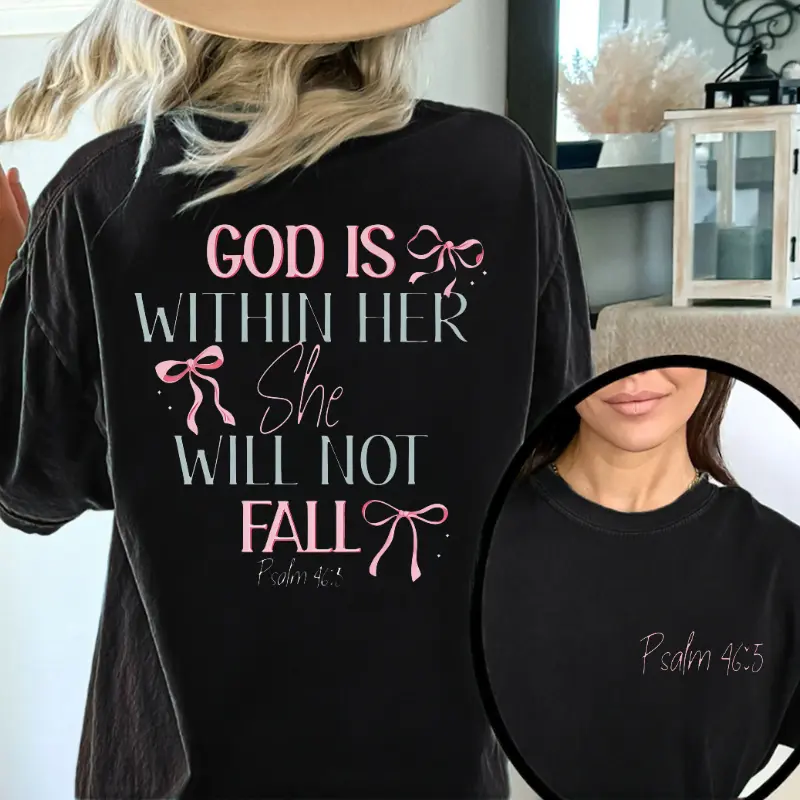 230g Washed  T-Shirt - Dual-Sided Inspirational Design "GOD IS WITHIN HER SHE WILL NOT FALL" & Psalm 46:5, Retro Vintage Loose Fit Unisex Top for Men & Women, Spring Summer Casual Wear